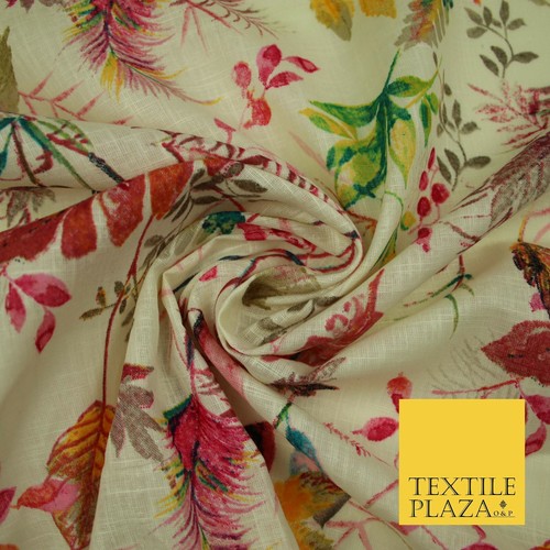 Leafy Flower Berries Summer Luxury 100% Pure Printed Floral Cotton Linen Fabric - Picture 13 of 13