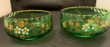 Vintage Green handpainted glass dishes 2  4" wide