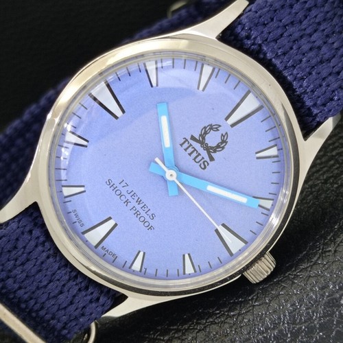HAND-WINDING VINTAGE TITUS SWISS MENS REFURBISHED SKY BLUE DIAL WATCH a500056-c
