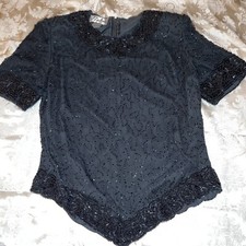 Vintage Black Beaded Formal Top Wedding 100 Silk Shell Stunning