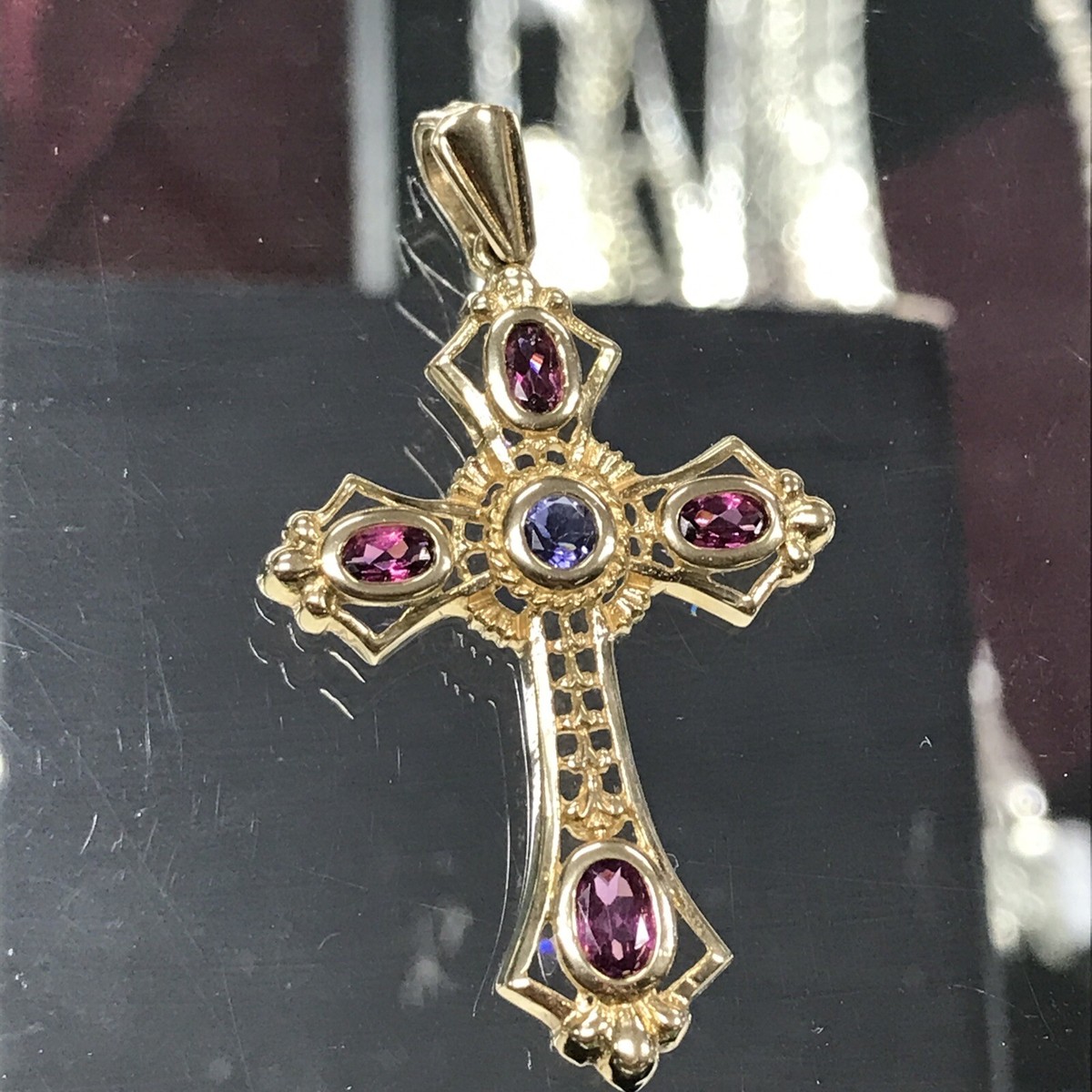 14K Yellow Gold Cross Pendant with Natural Violet And Lavender