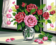 Red Roses in a Glass Vase - Printed Needlepoint Canvas FA91-1.1