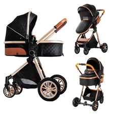 2 in 1 High Landscape Baby Stroller Folding Reversible Seat Newborn Baby Black