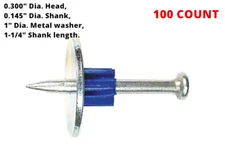 1-1/4" Powder Actuated Fastener Drive Pin w/ 1" Washer, Construction Fastening