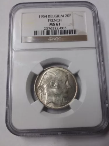 Rare 1954 Belgium French Silver 20 Francs NGC MS 61