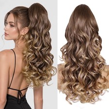 ZQIAN BEAUTY 24" Light Brown Golden Ends Wavy Claw Clip Ponytail
