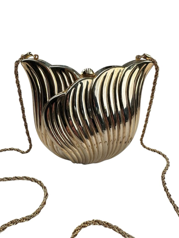 Bolso sin asas italiano vintage de metal dorado con carcasa de noche cadena Art Deco Minaudiere Foto 2 de 4