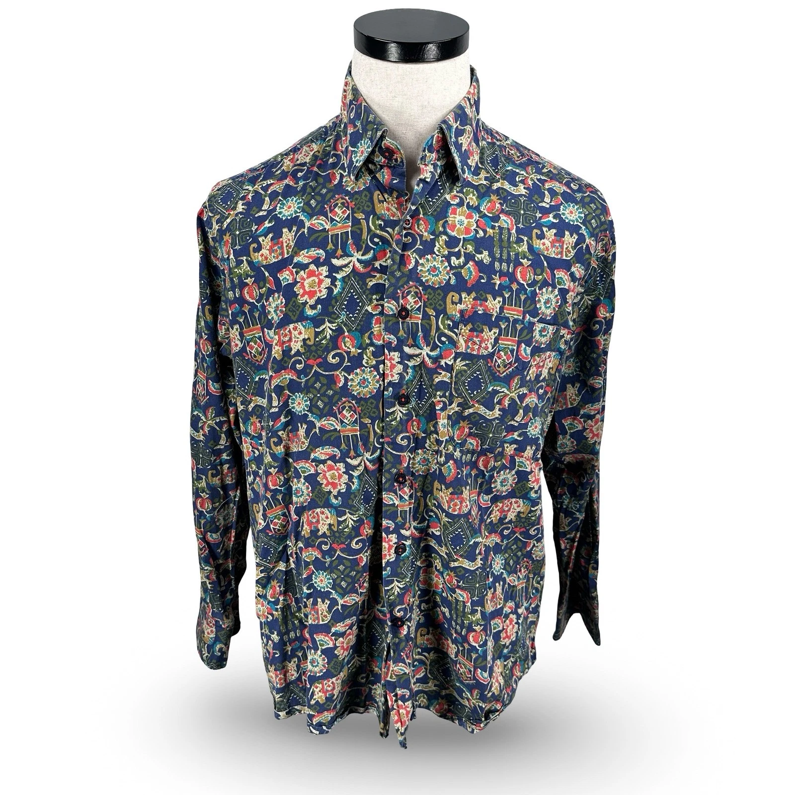 Alan Flusser Mens Elephant Floral Novelty AOP Cotton Button Down Shirt Medium