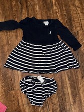 Polo Ralph Lauren 12 Month 1 Year Navy White Stripe Dress And Bloomers Set