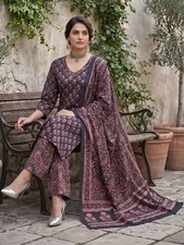 Indian Women Navy Blue Cotton Ethnic Motifs Printed Kurta With Palazzo  Dupatta