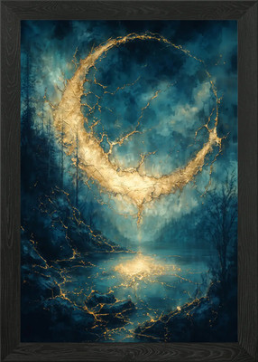 Goldene Mondsichel über See Kint gerahmtes Wandbild Poster Leinwanddruck Bild