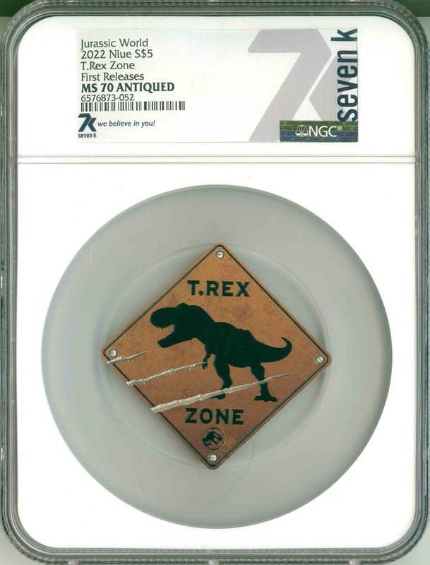 2022 Niue S$5 T. Rex Zone Road Sign 2 Oz. Silver First Release NGC MS70 Antiqued