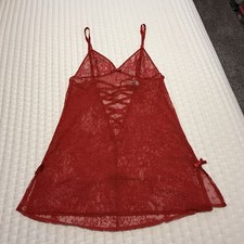 Victoria  s Secret Sheer Lace White Red Chemise Slip Sz S Small Ribbon Accents