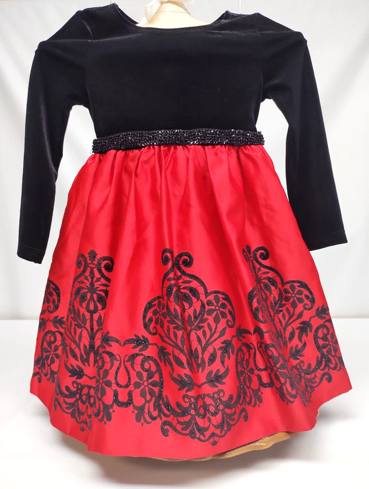 Rare Editions Girl’s Size 4T Black Red Flocked Long Sleeve Velvet Party Dress - Image 4 of 4