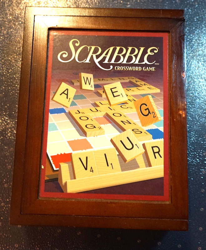 Hasbro scrabble wooden box shelf game set complete
