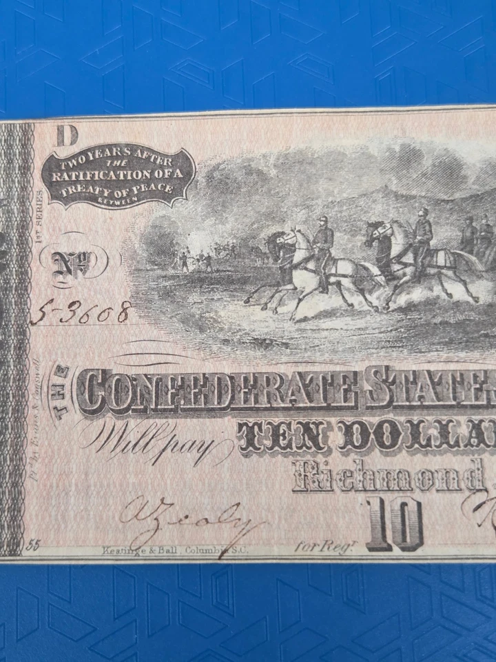 1864 $10 Ten Dollars Note The Confederate States of America Richmond - Image 3 of 4