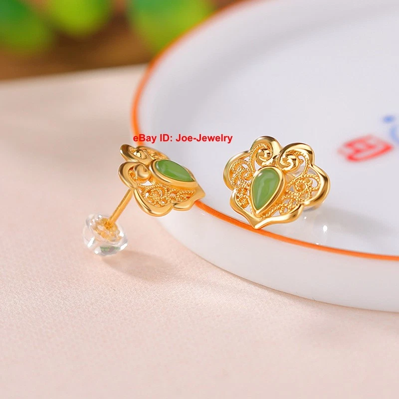 Aretes Ruyi Chapados en Oro Plata de Ley 925 Jade Verde Natural 14x11mm Foto 3 de 4
