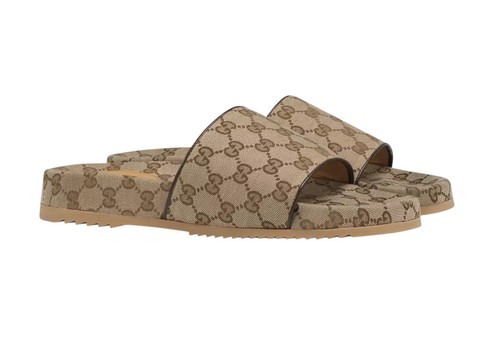 Authentic Men's Gucci Beige GG Supreme Logo Canvas Slides Sandals 624695 New