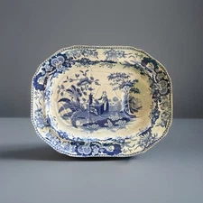 Antique Spode Pearlware Transferware Meat Platter, Girl at Well, C1820