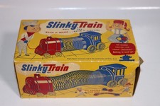 Vintage 1950s Pull Toy Slinky Train by James Industries Red Blue in original Box