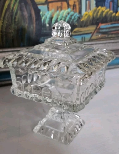 Vintage Jeanette 6" Clear Glass Square Pedestal Wedding Dish With Lid