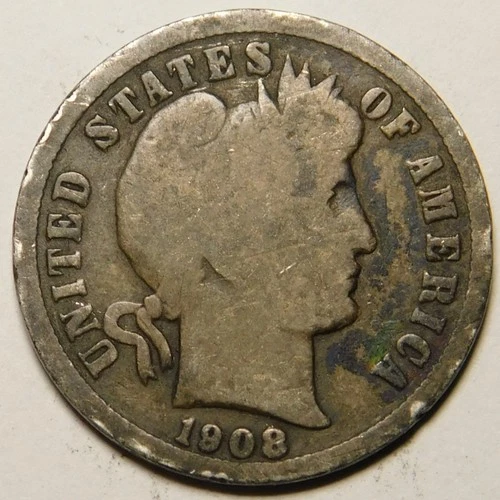 1908 P Barber Dime G-VG  90% Silver   "Actual Coin Pictured- Not Cleaned"