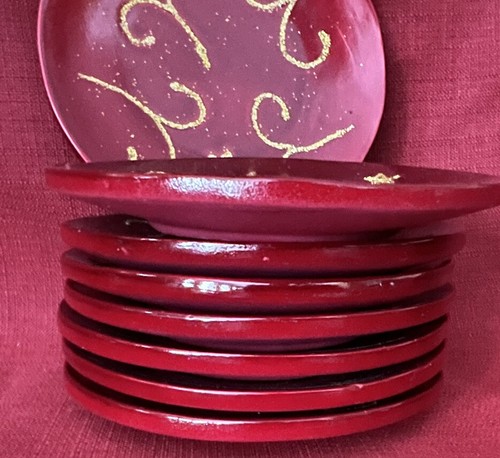 Set 8 piccoli piattini decorativi in ceramica oro rosso ceramica d'epoca - Foto 4 di 8
