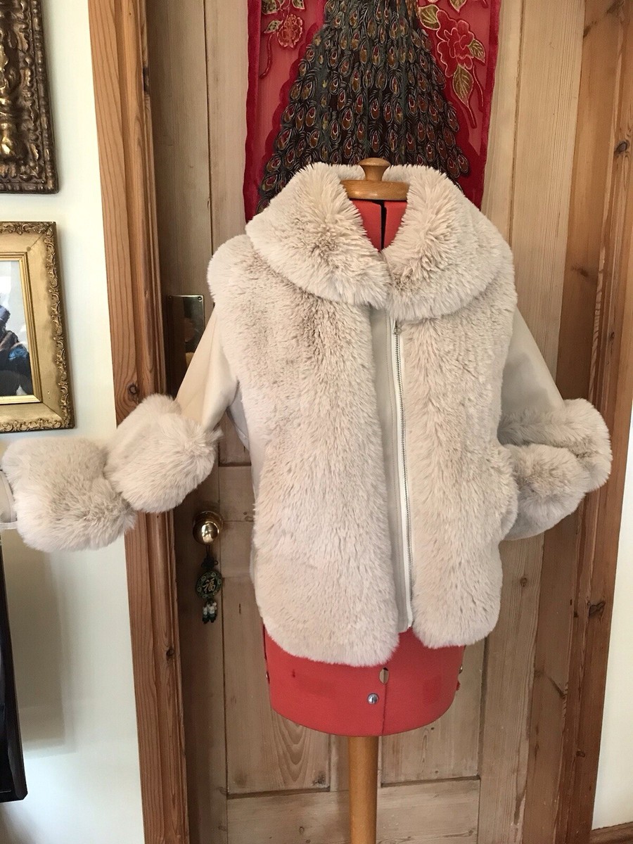 BOHO FAUX FUR LEATHER JACKET CREAM BEIGE NUDE TRIM BELT ZIP S M