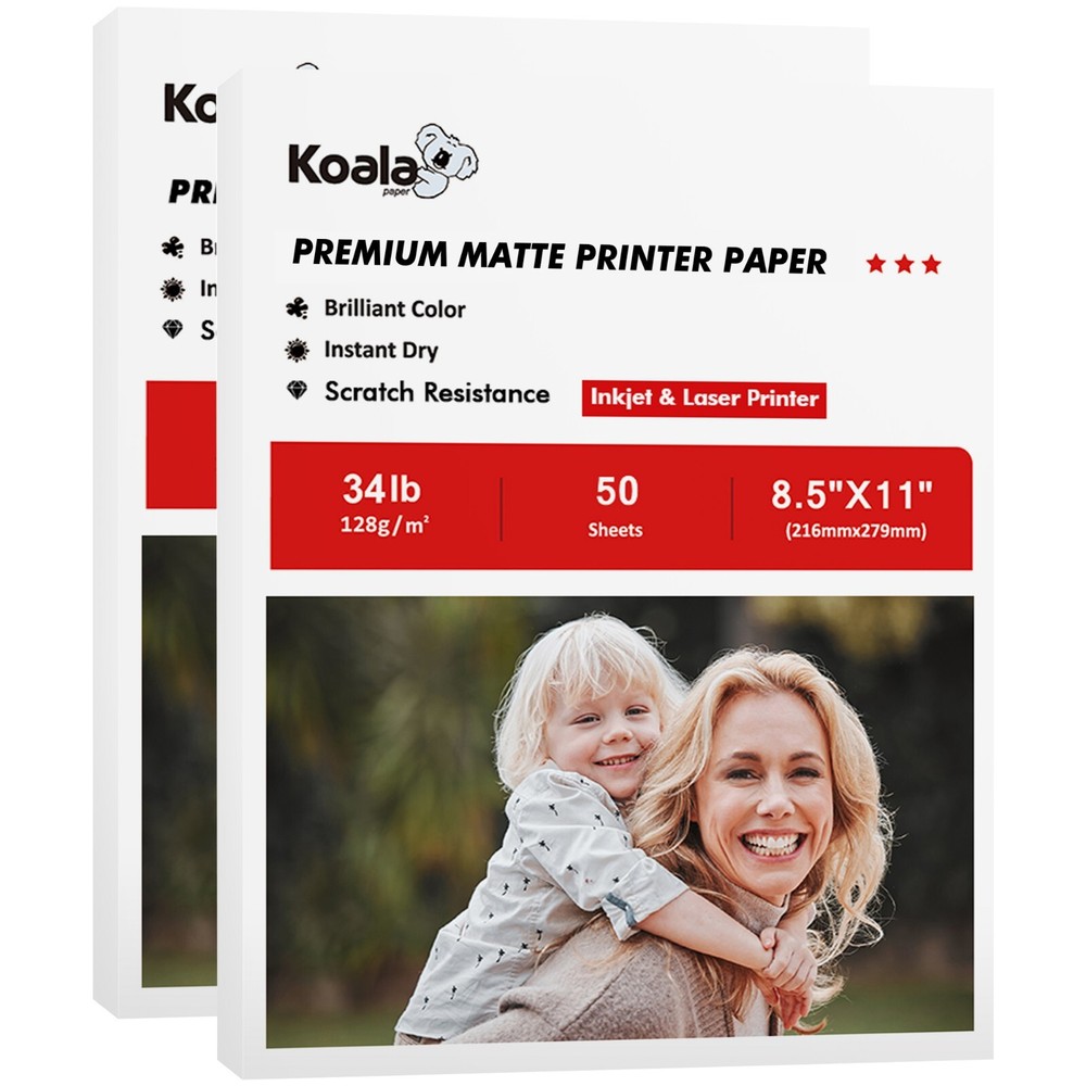 Koala Matte Photo Printer Paper 8.5x11 34lb 100 PK for Inkjet Laser Presentation