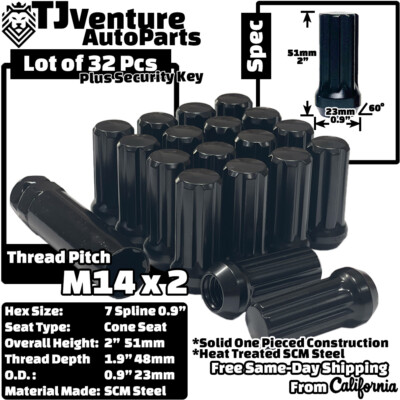 32Pc Black 2'' Tall M14x2 Tuner Spline Lug Nut Fit Ford Excursion F250 F350(DRW)