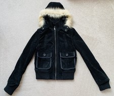 Ben Sherman Women Suede Leather Fur Jacket Removable Faux Fur-trim Hood Uk 10