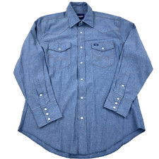 Wrangler Shirt Men Large Blue Denim Pearl Snap Western Cowboy Ranch Rodeo Yoke