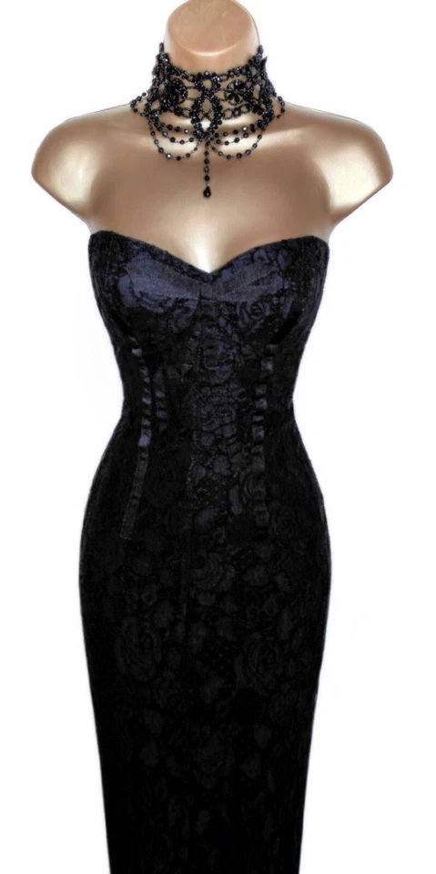 Karen Millen Size UK 8 STUNNING VINTAGE BLACK LACE STRAPLESS WIGGLE DRESS - Image 2 of 4