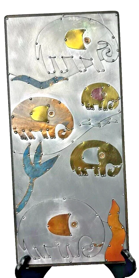Vintage Handmade Elephants Metal Wall Art Panel Signed by Artist Sue Jowell - Image 3 of 4