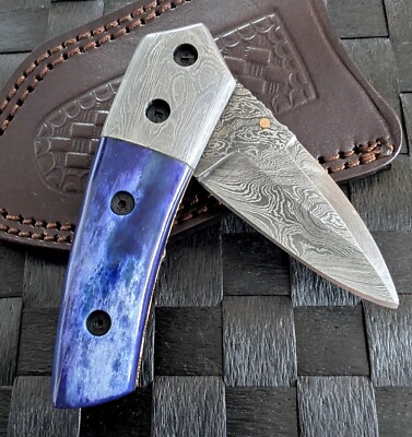 SCHWERES HANDLICHES DAMASTMESSER FOLDER HANDMADE 256 LAGEN CAMELBONE 37