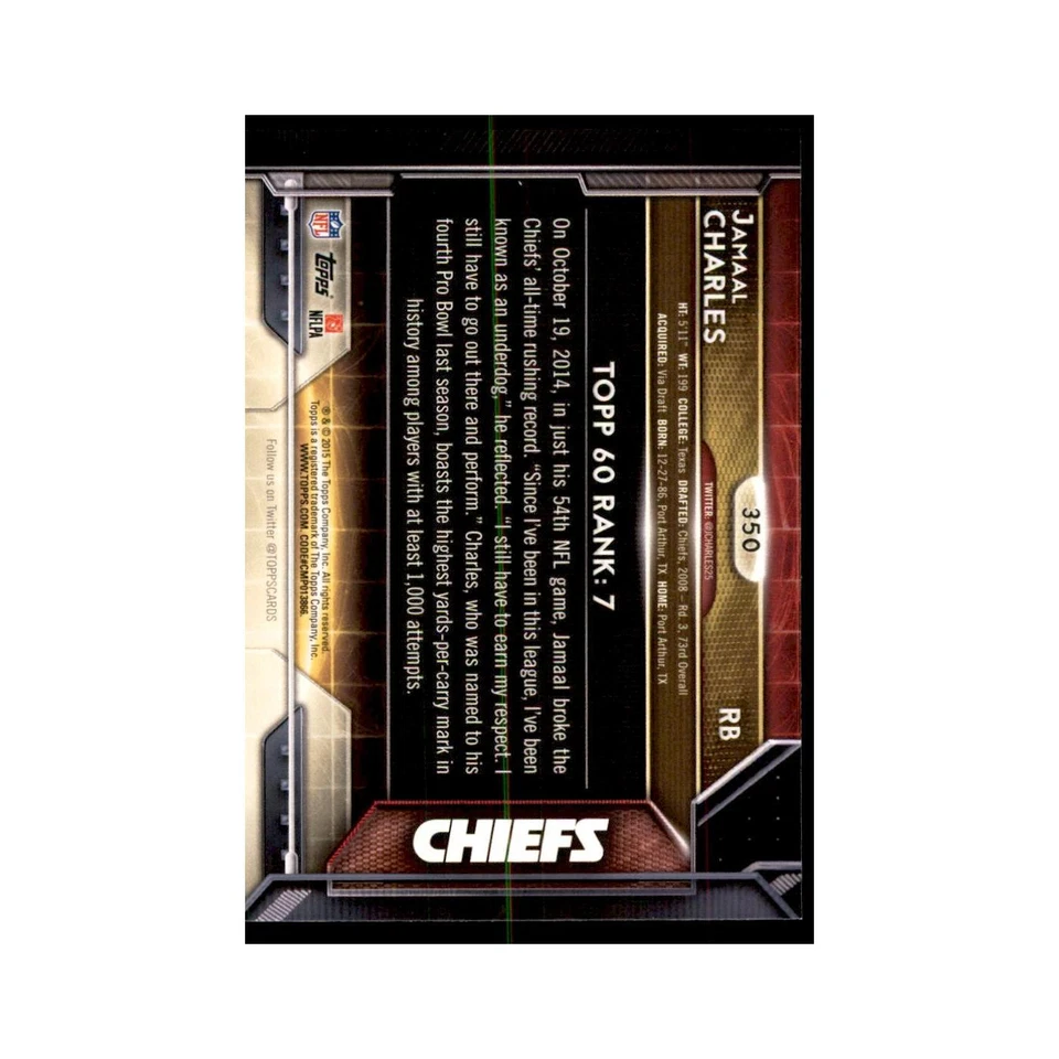 2015 Topps Jamaal Charles Football Cards #350 - Image 2 of 3