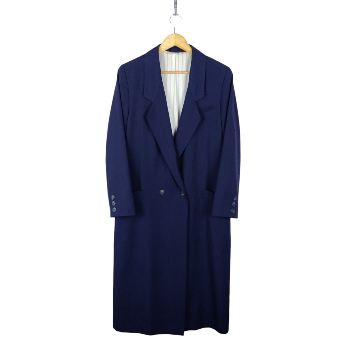St Michael Vintage 80s Blue Wool Blend Trench Coat Made In West Germany  Size 14
