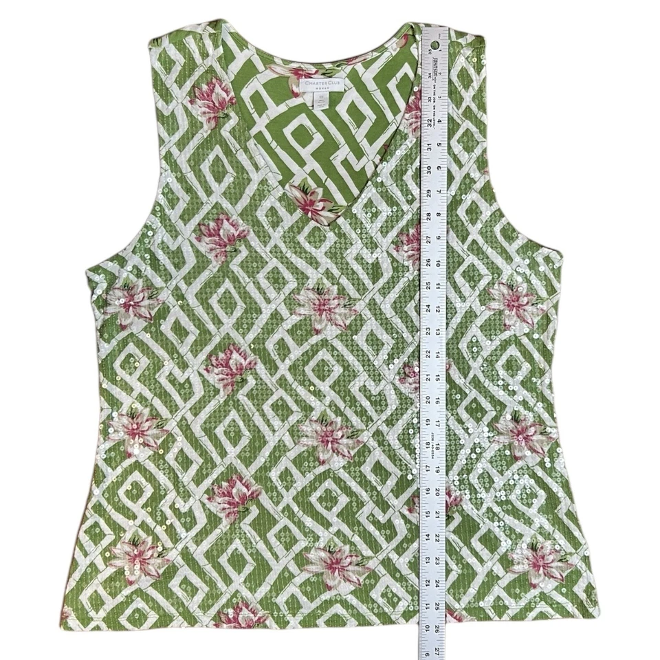 CHARTER CLUB 女式上衣绿色竹粉色花朵无袖 V 领亮片 S 码 — 第 4/4 张图片