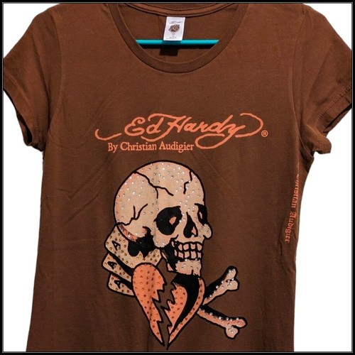 Camicia ED HARDY strass assi teschio e ossa incrociate cuore edizione limitata donna S