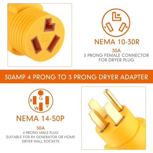 Kanayu 50Amp to 30Amp Dryer Adapter Compatible with NEMA 14-50P to 10-30R, 4 ... - Picture 2 of 6