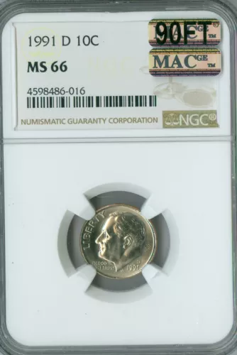 1991 D ROOSEVELT DIME NGC MS66 MAC 90FT PQ RARE FINEST SPOTLESS $3,500 IN FT .