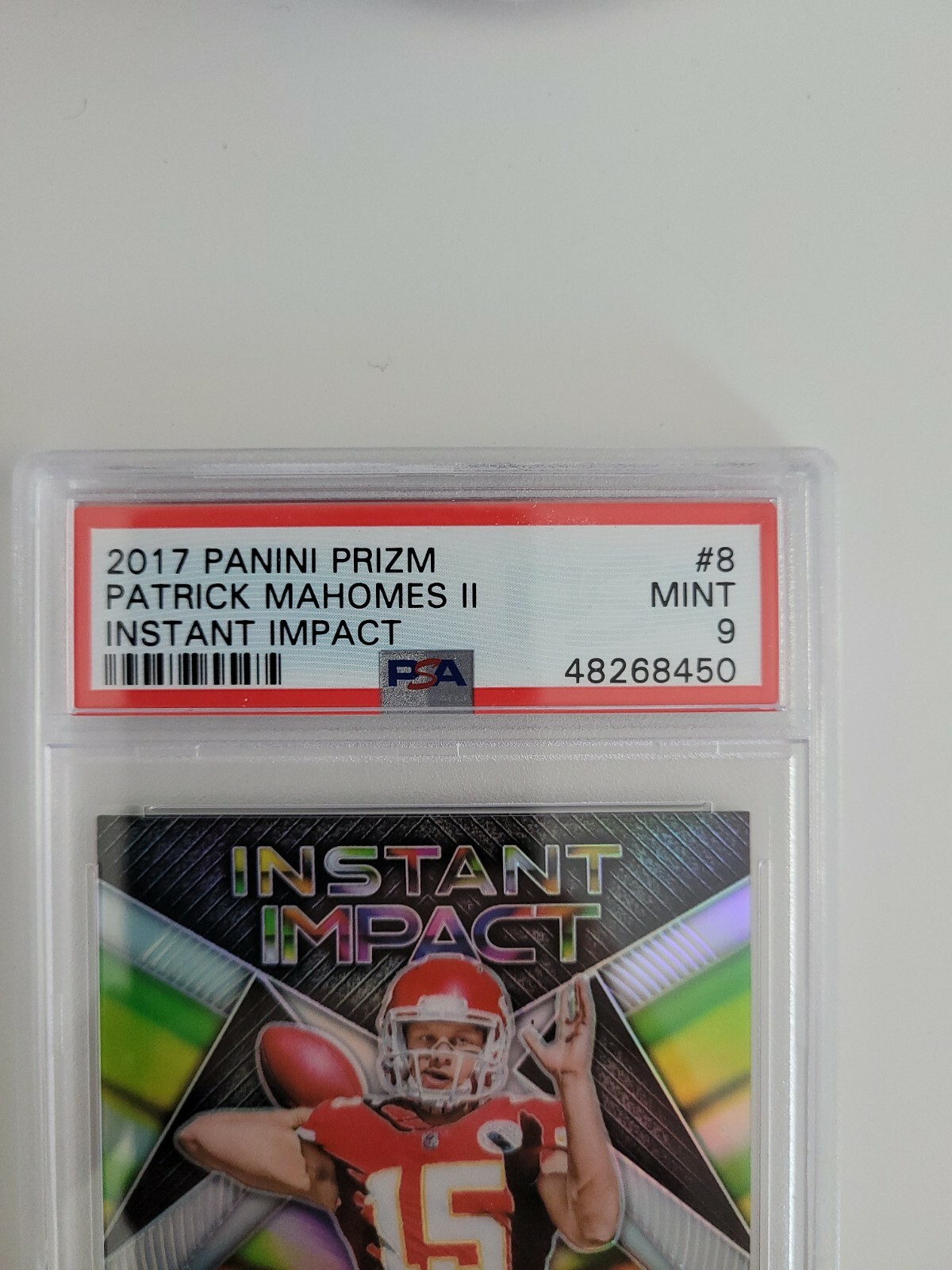 Patrick Mahomes II 2017 Panini Prizm Instant Impact Rookie RC PSA 9 Chiefs view 2