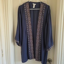 J.Jill Blue Embroidered Cardigan One Size Boho Gauze Open Front Kimono
