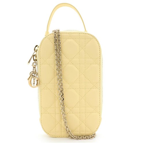 Christian Dior Lady Dior Phone Holder Shoulder Bag Pastel Yellow Leather Gold Fr