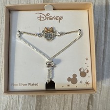 New Disney Minnie Mouse Crystal Slider Bracelet Fine Silver Plated w/ Box