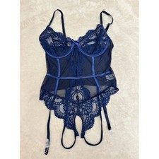 Teddy Bodysuit Womens Size L Navy Blue Lace Mesh Underwire Garter