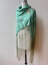 Antique 1920s/30s Mint Green Silk Embroidered Piano Shawl