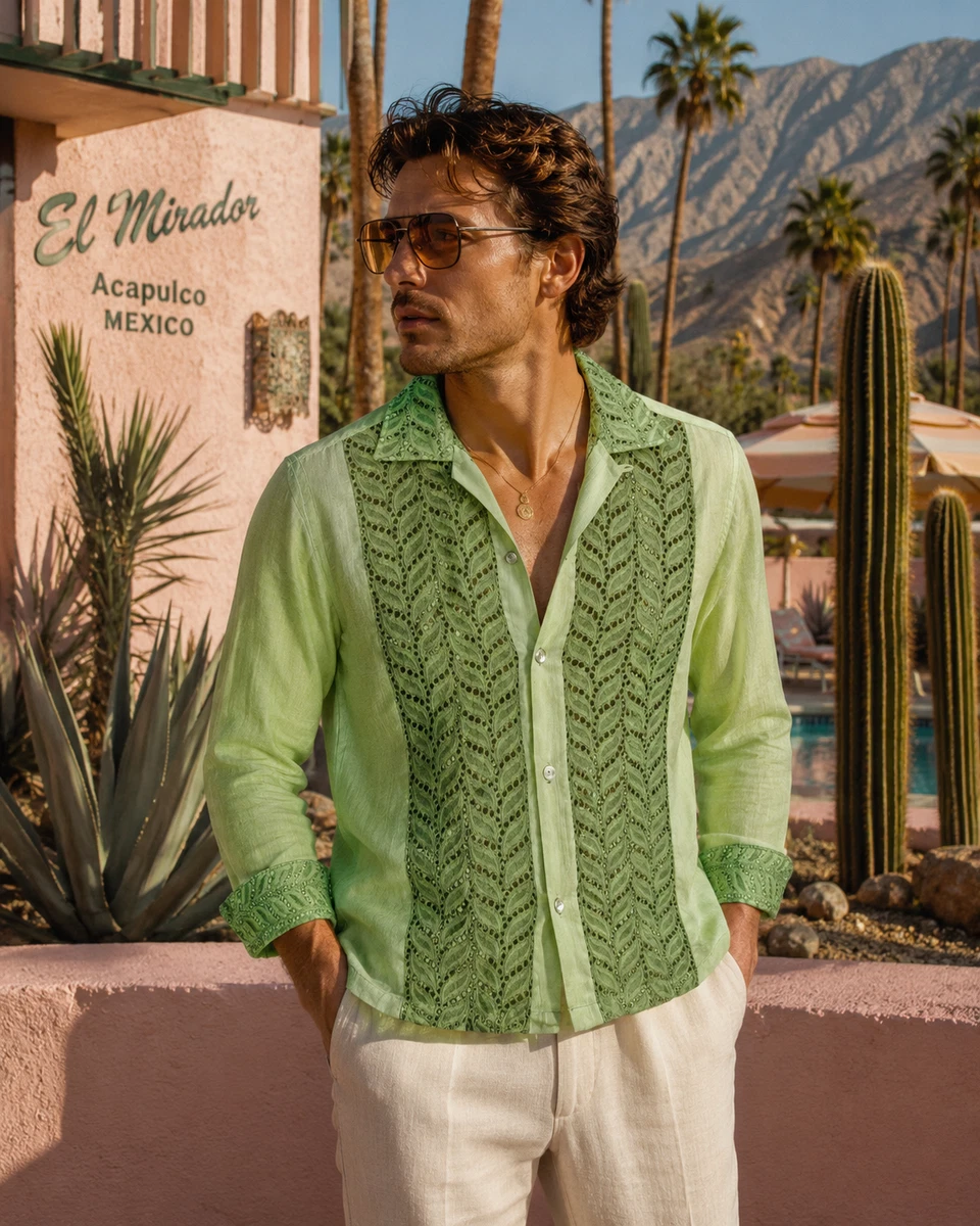 Lace Long Sleeve Regular Size Casual Button-Down Shirts for Men