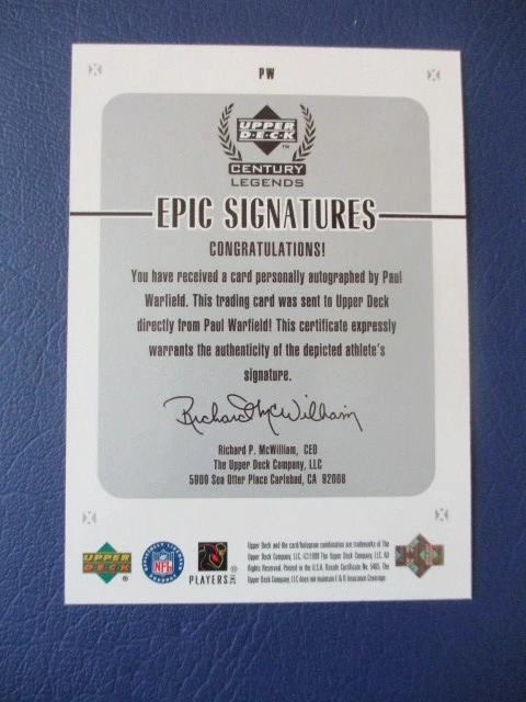 1999 Upper Deck Century Legends Epic Signatures Paul Warfield #PW Auto HOF - Image 2 of 2