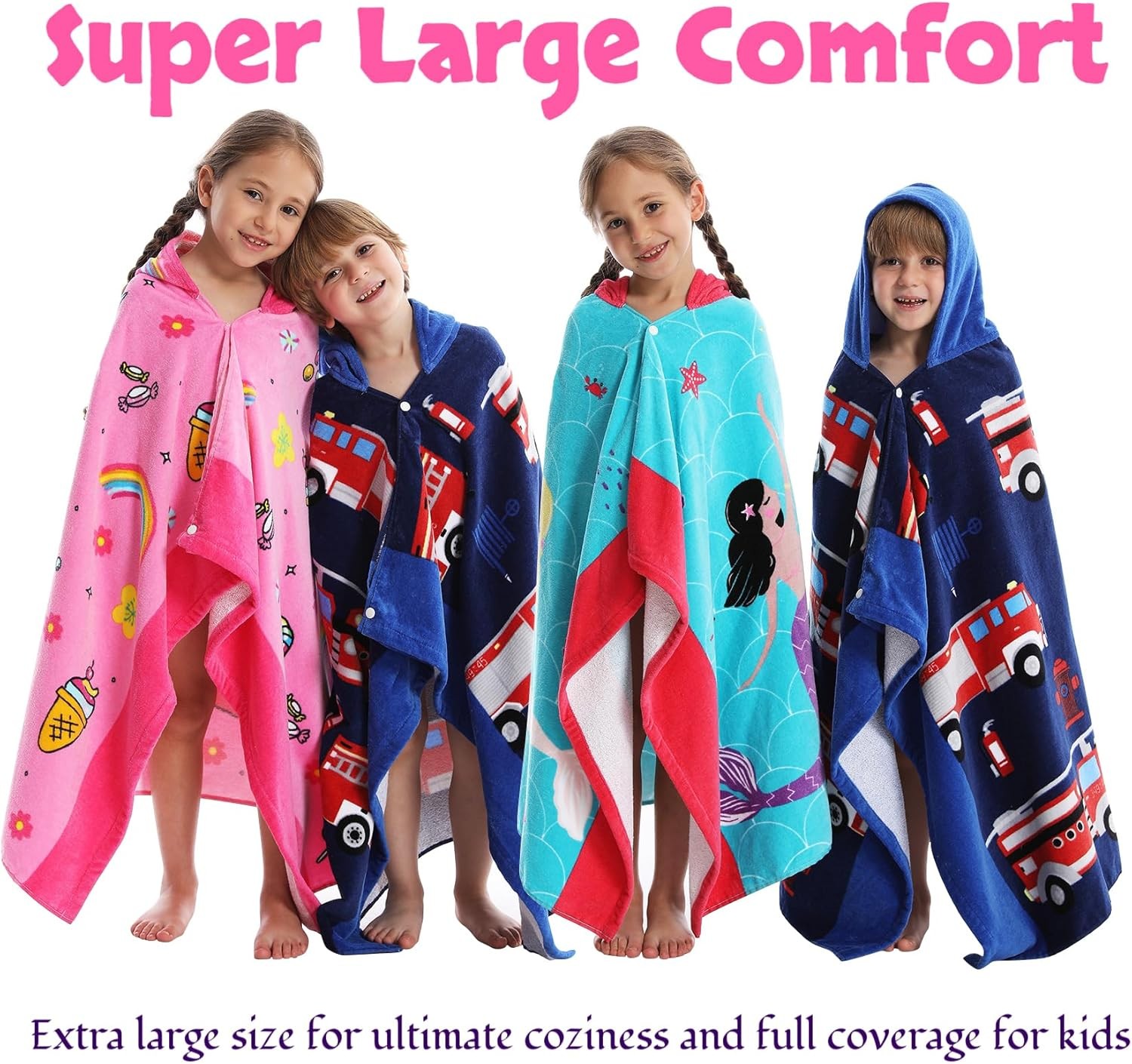 Kids Hooded Towel Poncho Wearable Bath Beach Wrap Cartoon 30x50 in Ages 3-10
